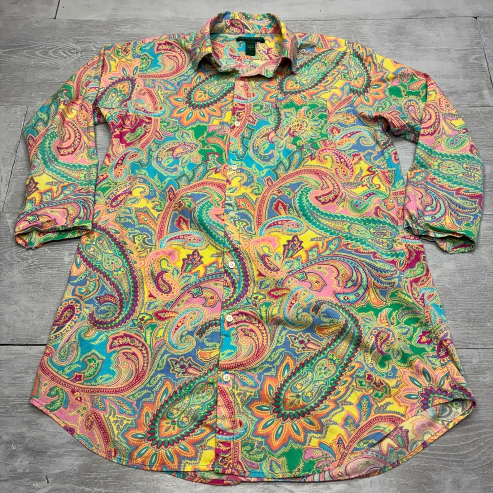 Lauren Ralph Lauren Shirt Womens S Multi Color Paisley Cotton Button Down Blouse